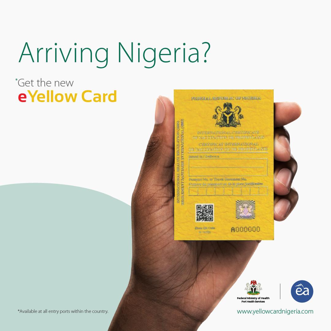 Sample of the original Nigeria e-Yellow Card held in hand showing security features like the QR code and holographic seal to distinguish it from fakes.