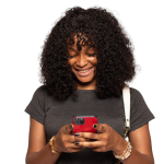 HPV vaccine near me - Smiling young Black woman with curly hair looking down at her mobile phone against a white background, searching for vaccination locations.