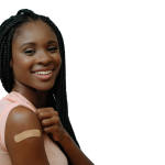 Smiling young woman with a bandage on her arm after receiving the HPV vaccine.
